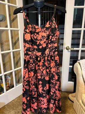 City Chic Black and Coral Floral Midi Fairytale Dress - EUC size 16